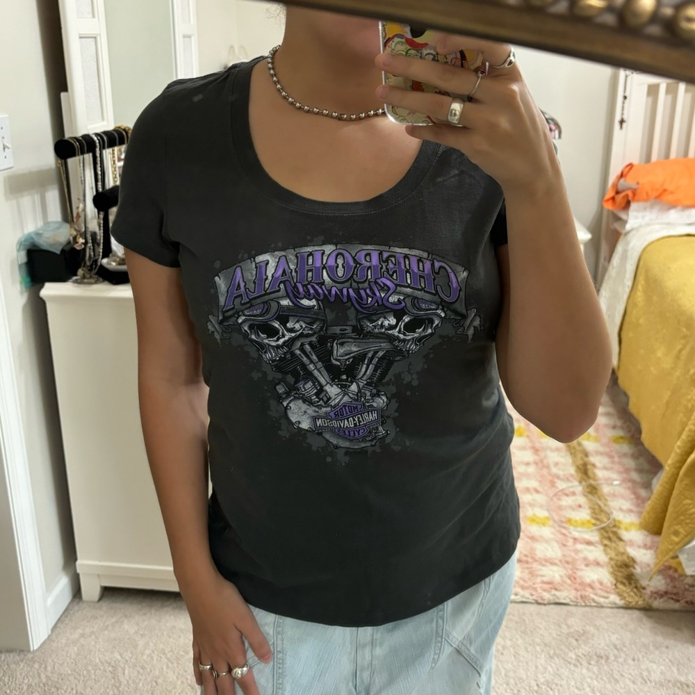Harley Davidson Baby Tee L Graphic Short Sleeve Scoop Neck Motorcycle Gray Black